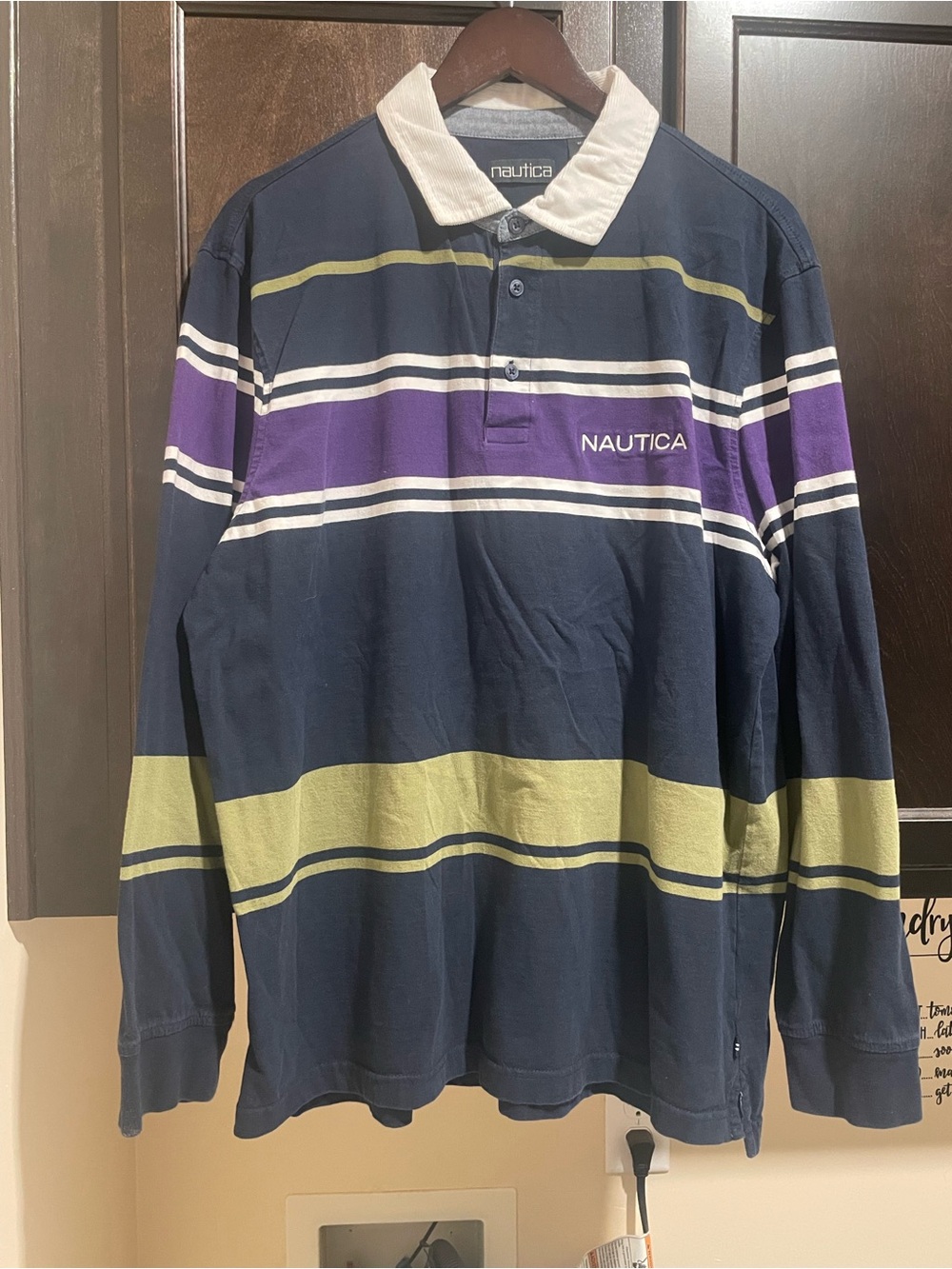 Vintage Nautica long sleeve rugby polo navy, purple, white, olive stripes XL